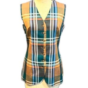 VINTAGE 60s tartan plaid sleeveless vest button‎ front tunic earthy preppy 70s